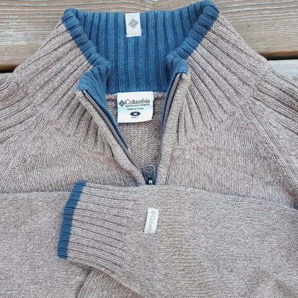 COLUMBIA Knit 1/4 Zip Sweater Pullover Jumper BROWN/ BLUE STRIPED Men Sz Medium - Picture 2 of 7